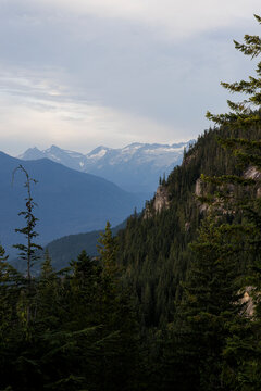 mountain landscape with haze at golden hour near Squamish, British Columbia Canada travel and tourism
