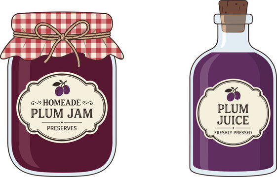 Vintage Plum Jam Glass Jar and Plum Juice Bottle Template Set with Retro Label Designs Vector Flat Illustration