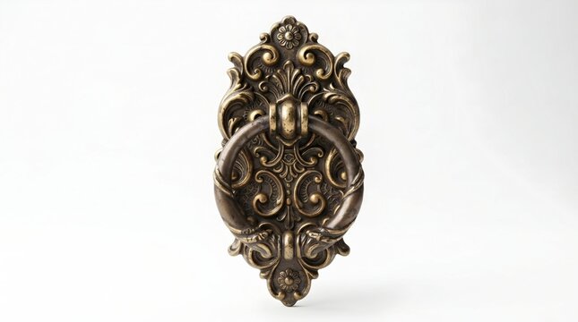 Vintage Ornate Brass Door Knocker Ring Handle Antique Hardware Isolated On White