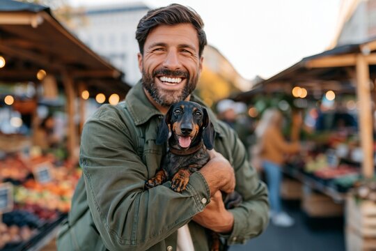 Man smiles warmly while holding a dachshund