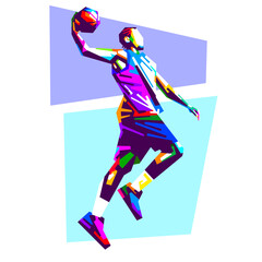 Vibrant vector illustration of a male basketball player in action performing a slam dunk and dribble during a competitive match, created in detailed WPAP pop art style with colorful geometric shapes. © hudasaktian