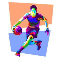 Vibrant vector illustration of a male basketball player in action performing a slam dunk and dribble during a competitive match, created in detailed WPAP pop art style with colorful geometric shapes. © hudasaktian