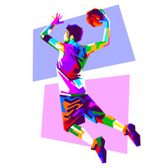 Vibrant vector illustration of a male basketball player in action performing a slam dunk and dribble during a competitive match, created in detailed WPAP pop art style with colorful geometric shapes. © hudasaktian