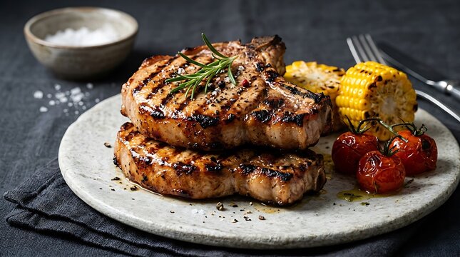 Grilled pork chop steak with roasted corn and tomatoes on a ceramic plate for a delicious dinner meal. Grilled pork variations