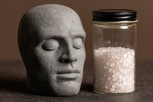 Featureless face sculpture next to sealed jar of luminous beads symbolizing identity and data