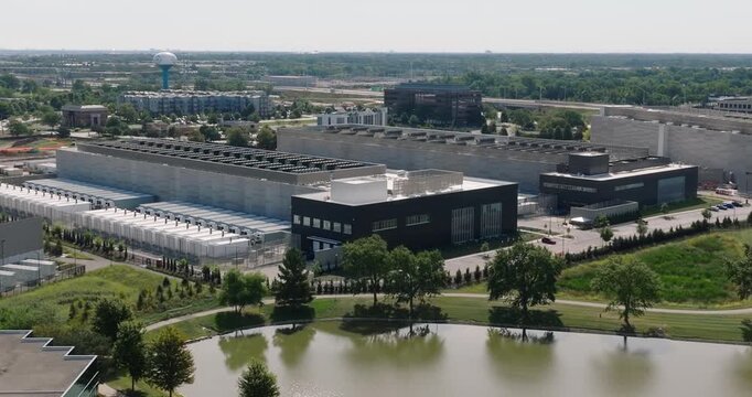 Aerial view of a data center facility in Itasca, United States.