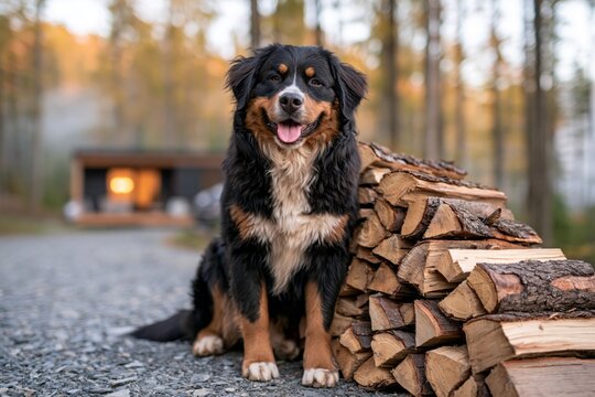 Cozy forest scene with a friendly dog