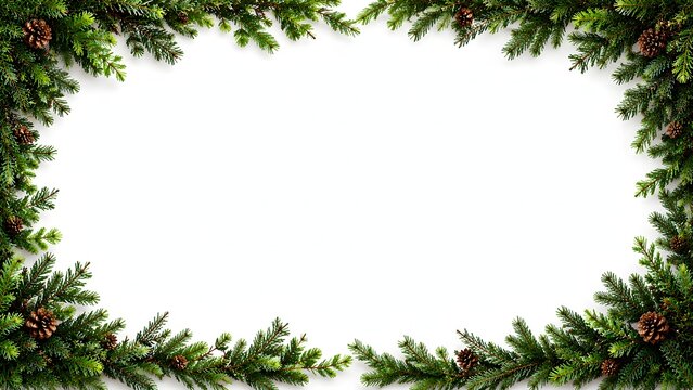 Beautiful festive evergreen fir branches and natural pine cones form an elegant decorative oval frame design with ample copy space for holiday greetings or winter season projects
