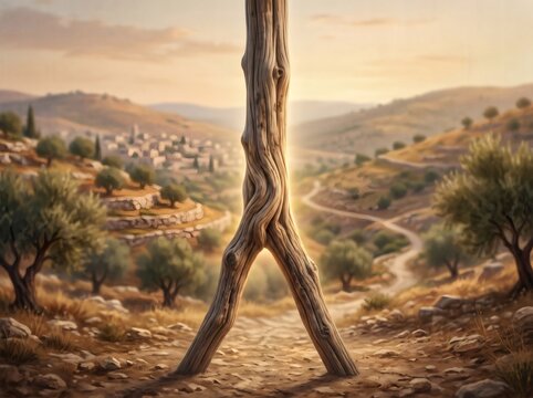 Wooden staffs uniting symbolizing spiritual journey and connection