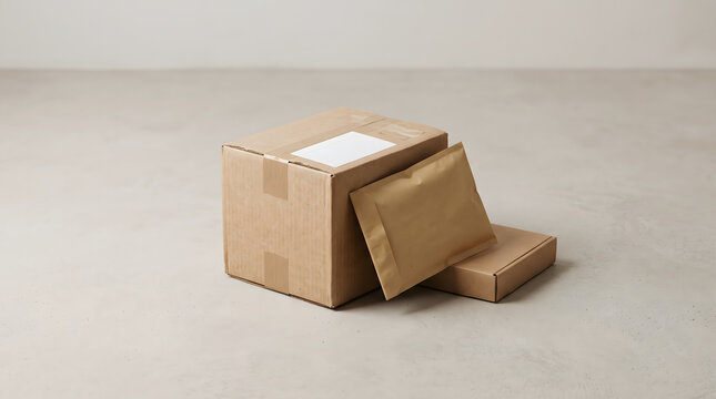 Cardboard shipping boxes and padded envelope on concrete surface