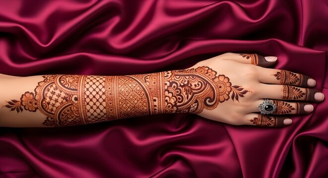 A closeup of a human hand and forearm adorned with intricate, traditional indian henna mehendi art, resting gracefully on a background of rich, draped dark pink satin fabric