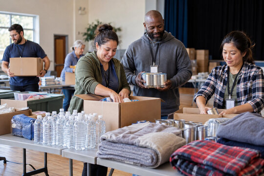 A diverse emergency preparedness team arranging supplies in