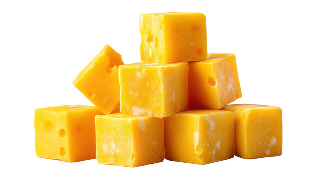 Stacked cheddar cheese cubes with holes isolated on transparent background for food packaging design