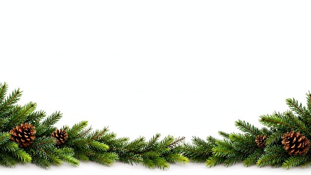 Festive natural evergreen fir tree branches with decorative pine cones creating a beautiful Christmas holiday border frame design on a clean white background for seasonal celebration