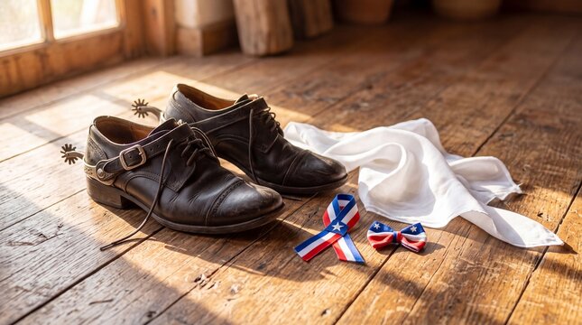 Traditional Chilean huaso boots with spurs white handkerchief and patriotic ribbons on a wooden floor celebrating Chile Fiestas Patrias