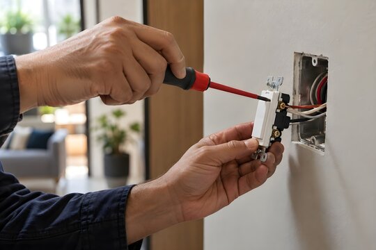 Electrician installing modern light switch with screwdriver, electrical wiring, wall box, hands, residential interior, home electrical repair and installation service maintenance closeup 