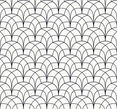 Black line art deco fan seamless vector pattern background