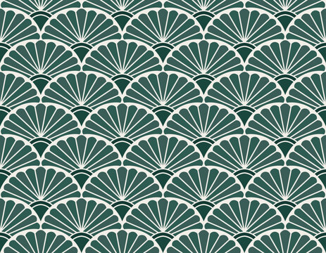 Green art deco fan seamless vector pattern background