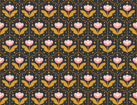 Pink tulip folk art deco seamless vector pattern background
