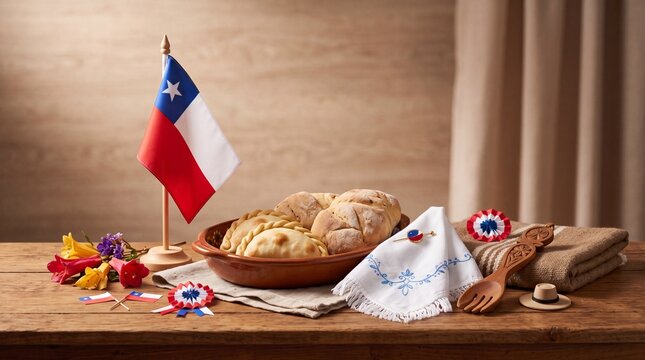 Traditional Chilean empanadas and bread arranged with a national flag and festive decorations on a wooden table celebrating Chile Fiestas Patrias