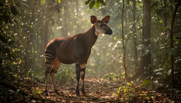 Okapi Standing in a Lush Tropical Rainforest with Natural Sunlight