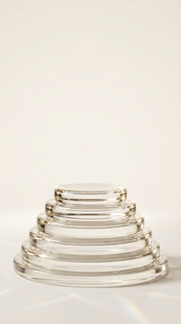 Elegant Tiered Glass Pedestal and Podium for Luxury Product Display Presentation with Clear Crystal Layers on a Neutral Beige Background Backdrop