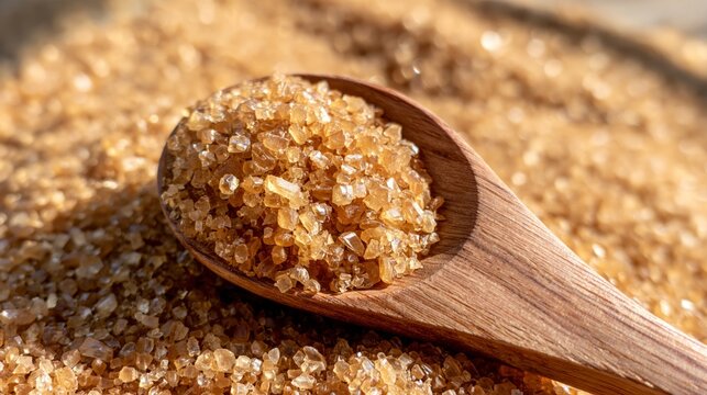 Brown sugar crystals gleam in a wooden spoon