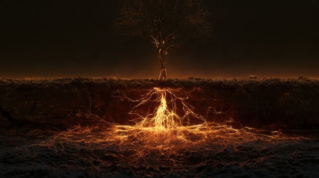 This scene displays a cross-section of soil where roots grow deeper over time. The glowing root network expands in dark earth layers.