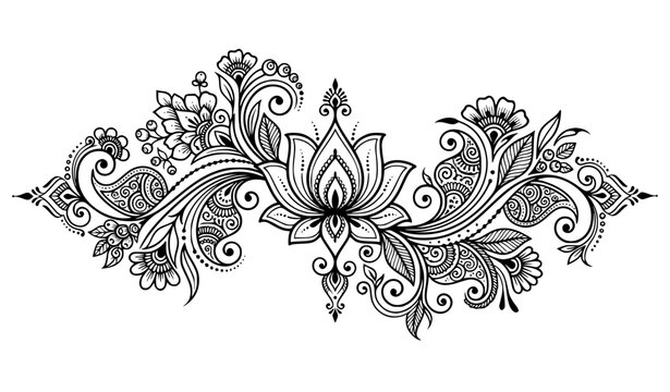 Modern lotus floral mehndi henna pattern Indian ornamental vector design