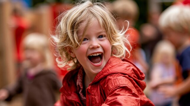 Blond child laughs joyfully in red coat