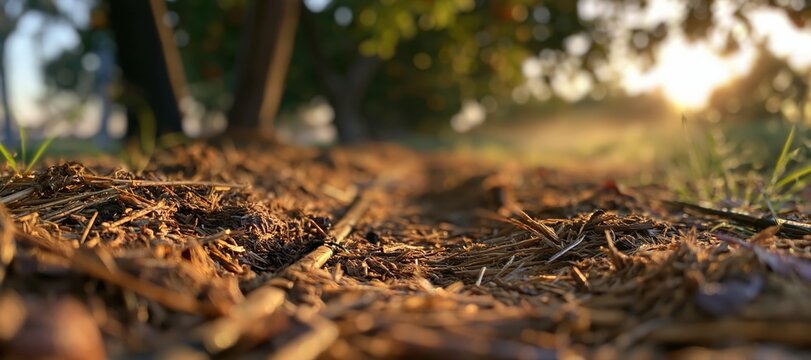 Citrus orchard floor with mulch and drip irrigation at sunrise
