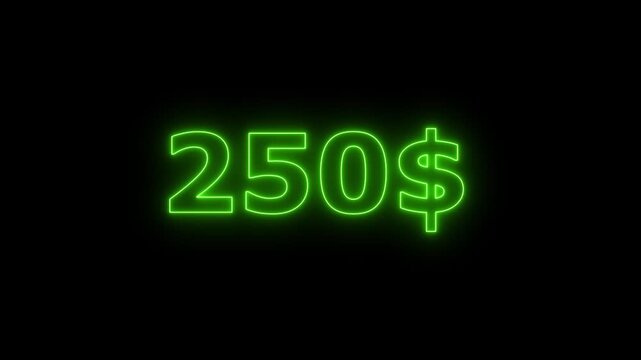 Abstract beautiful green neon dollar number countdown animation from 0 to 700 on dark background. Glowing neon dollar countdown timer 4k animation.