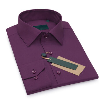 Folded men's eggplant purple long sleeve shirt with collar and tags isolated on white background angled top view
