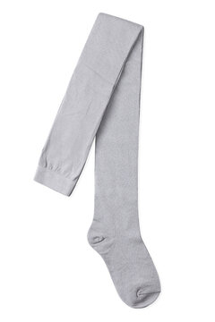 Light gray plain kids tights made of smooth knit fabric isolated on white background top view
