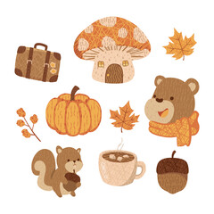 Fototapeta premium Cute autumn fall element set with bear squirrel mushroom house and pumpkin illustration isolated on white background