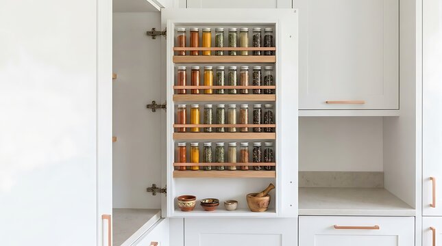 Modern kitchen cabinet with a pull out wooden rack filled with many glass spice jars and cooking herbs.  spice rack ideas