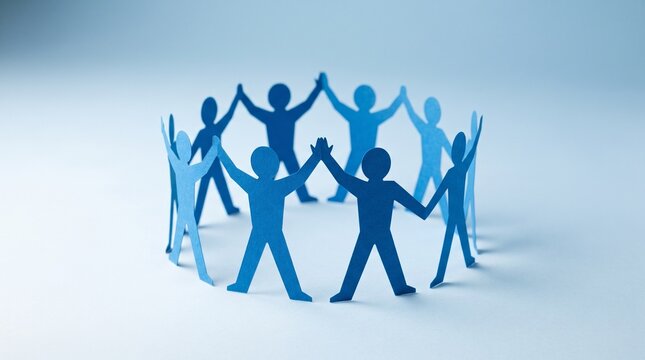 Circle of blue paper people holding hands together on light blue background, symbolizing unity and teamwork.