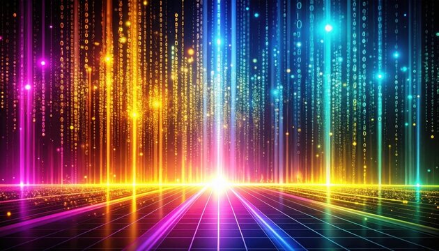 Colorful digital big data visualization background with binary code stream rain, futuristic machine learning grid horizon, analytics processing network and glowing cyber technology light effect