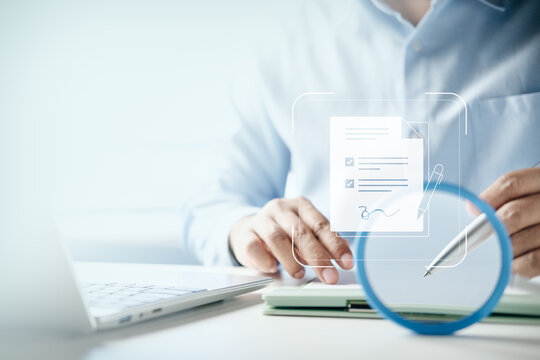 Businessman signing document on clipboard with digital document interface overlay, concept of contract agreement, e-signature, approval, and corporate business administration.