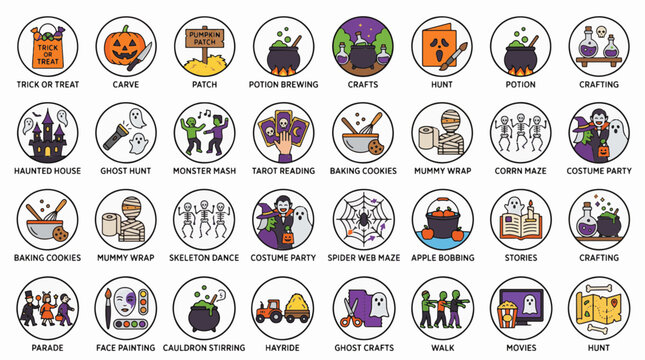 Halloween Activities and Traditions Circular Icon Set Vector
