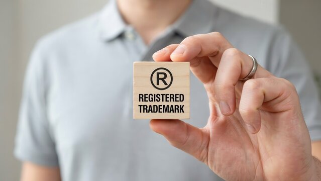 Man's hand holding a wooden block with a registered trademark symbol.