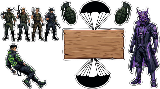 Military Soldier and Cyberpunk Demon Character Sticker Set with Blank Wooden Signboard, Parachutes, Grenades, and Tactical Warriors Vector Elements