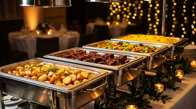 Professional Catering Buffet Setup Featuring Stainless Steel Chafing Dishes Filled With Roasted Potatoes Savory Braised Beef Short Ribs Steamed Mixed Vegetables And Fragrant Yellow Turmeric Rice