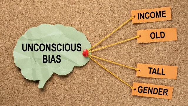 Unconscious bias concept with income, old, tall, and gender factors on cork board.