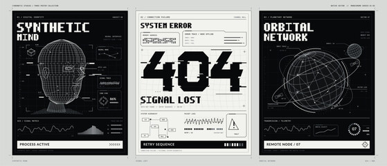 Obraz na płótnie Canvas Three monochrome cyberpunk posters show a synthetic head, system error interface, and orbital network with technical diagrams and glitch typography
