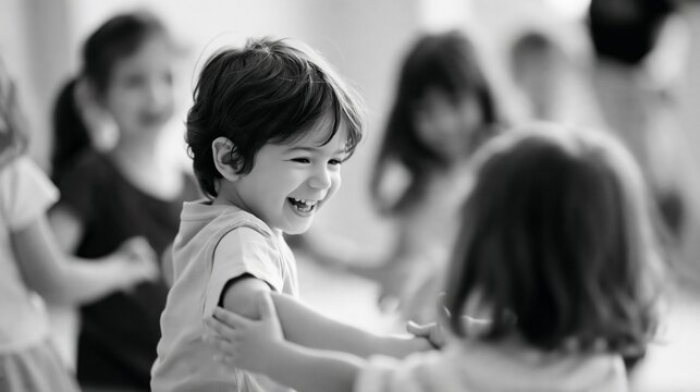Black and white photo shows a laughing child