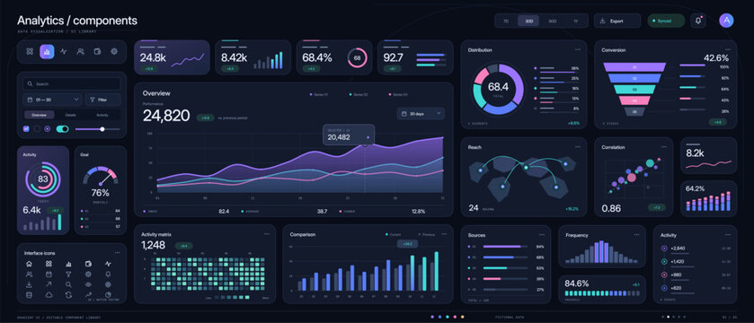 Dark vector analytics dashboard showing charts metrics cards filters and interface components in a gradient data visualization layout