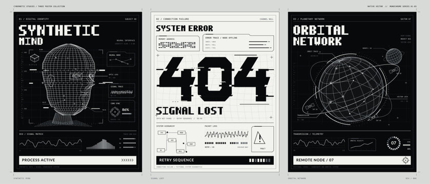 Three monochrome cyberpunk posters show a synthetic head, system error interface, and orbital network with technical diagrams and glitch typography
