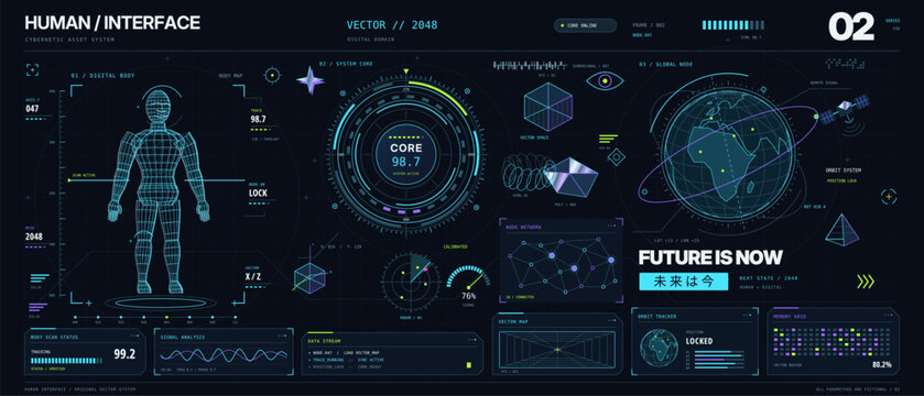 A dark futuristic interface displays a wireframe human figure globe system diagrams charts and digital data panels