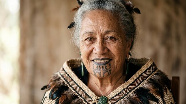 Elderly Maori Woman with Traditional Facial Tattoo and Woven Cloak, Smiling